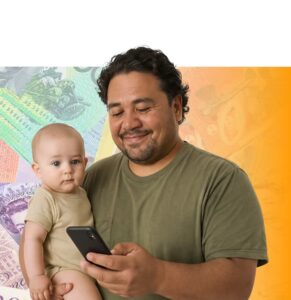 Parent holding a baby while looking at a smartphone, symbolizing work-life balance and wellbeing