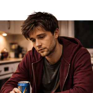Man in maroon hoodie holding a beverage, sitting in a kitchen setting for a workplace wellness program visual