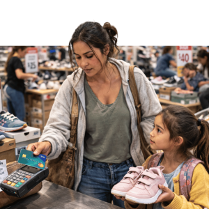 Woman and child at a shoe donation event, woman paying with a credit card at a point-of-sale terminal