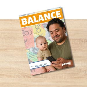 Man and baby with smartphone against colorful Australian banknotes background, illustrating financial balance and wellbeing