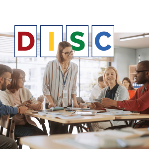 DISC personality assessment tool showing diverse team members in workplace discussion with labels for Distracted and Creative traits