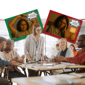 Diverse team discussing wellness initiatives with overlaid images of whole grain foods and speech bubbles representing healthy workplace conversations