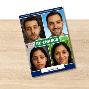 Recharge program brochure cover featuring four participant photos and text about sleep support, habit loops, cognitive reframing, and triggers