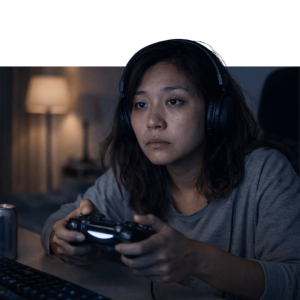 Person wearing headphones holding a gaming controller, appearing focused during gameplay