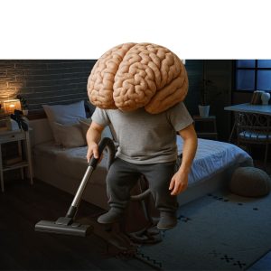 Person with oversized brain head vacuuming floor, symbolizing mental clarity and cognitive wellness