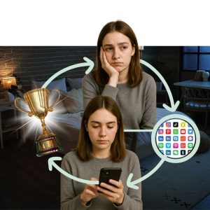Two teenagers with smartphones demonstrating reward-seeking behavior cycles: scrolling social media apps, temporary distraction from a trophy, and routine phone use