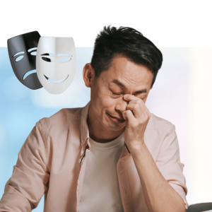 Man with eyes closed, hand to face, with sad and happy theatrical masks floating above, representing emotional regulation and mental health awareness