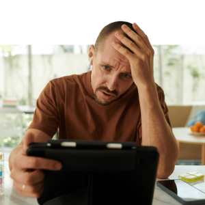 Man looking stressed while holding a tablet, hand on forehead, illustrating workplace stress or mental health concerns