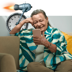 Woman in striped shirt holding tablet device, smiling at camera with clock and rocket illustration in background