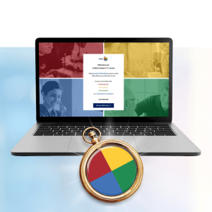 Laptop displaying a personality assessment modal with colored quadrants and a compass tool showing DISC personality type results