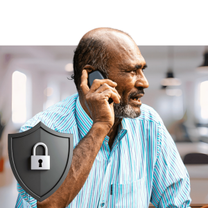 Man on phone with security lock shield icon representing secure communication and data protection in workplace wellness