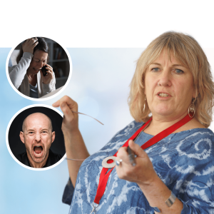 Woman demonstrating stress management techniques with circular insets showing a frustrated man on phone and angry man, illustrating emotional wellness coaching