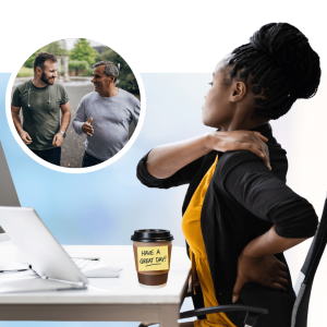 Woman at desk viewing video call with two men jogging outdoors, representing virtual wellness program connection