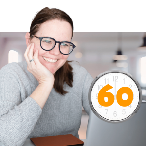 Smiling woman with glasses holding her face, with a clock showing 60 minutes representing a Populi program session duration