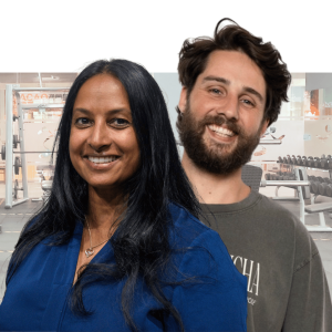 Two smiling people against a blue and purple gradient background, representing Populi's diverse team and workplace wellbeing focus