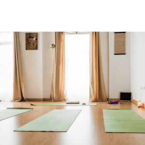 Spacious fitness studio with wooden floors, wall mirrors, exercise equipment including a stationary bike, storage for fitness balls and gear, and blue-framed window for natural light