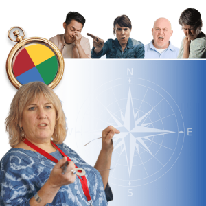 DISC personality compass showing four colored quadrants with compass directions, illustrating behavioral styles used in team conflict resolution training