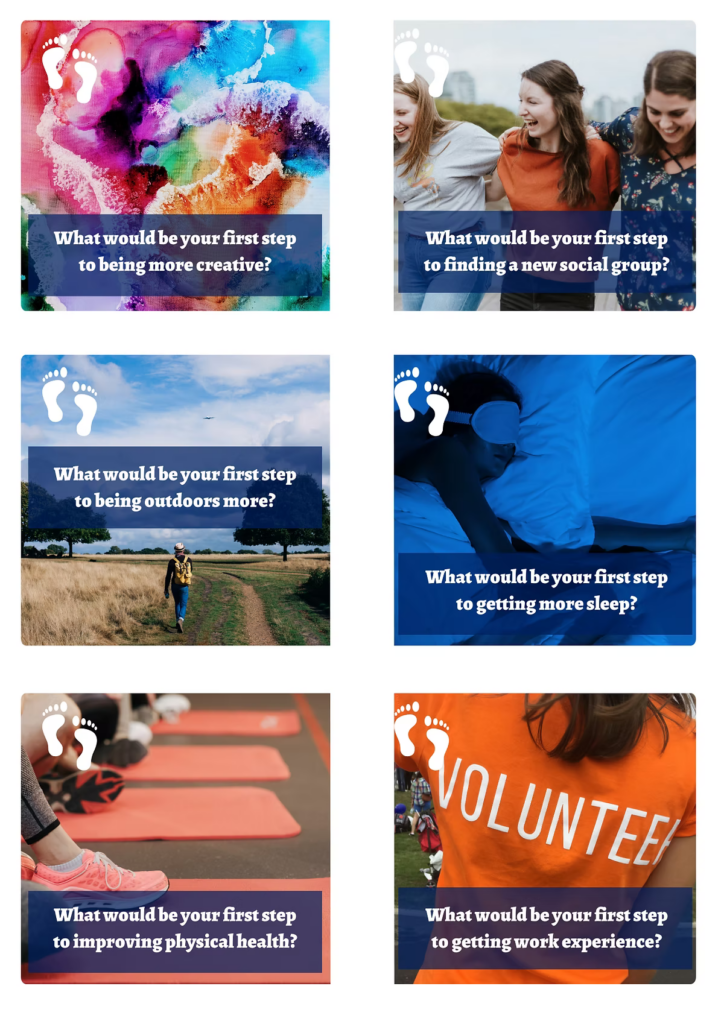 Six card grid with wellbeing prompts: creativity, social groups, outdoors, sleep, physical health, and work experience, each with lifestyle imagery and footprint logo